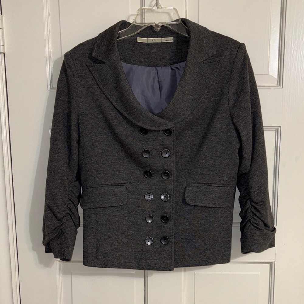 Gibson Heather Gray Knit Double-Breasted Blazer with Ruched Sleeves